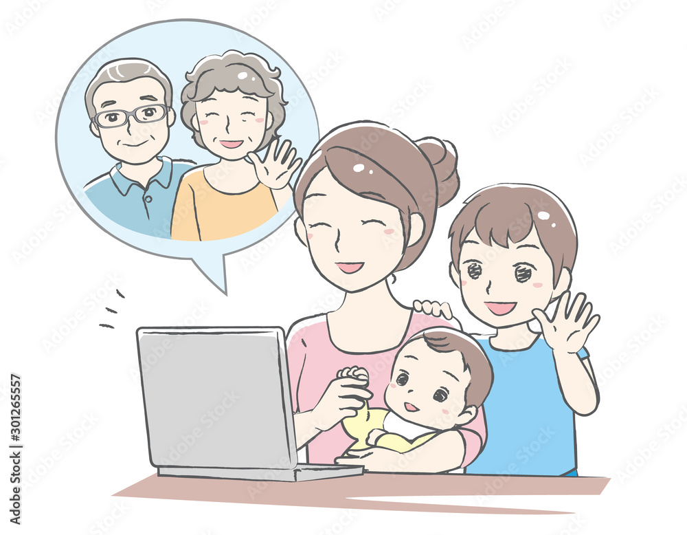 Young mother have a video call chat with her children. Distant call. Vector illustration.