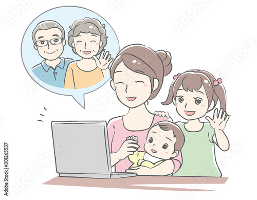 Young mother have a video call chat with her children. Distant call. Vector illustration.