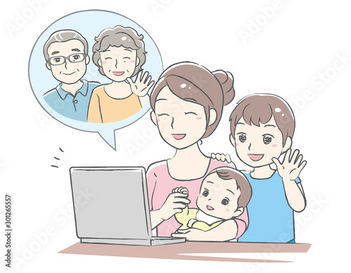 Young mother have a video call chat with her children. Distant call. Vector illustration.