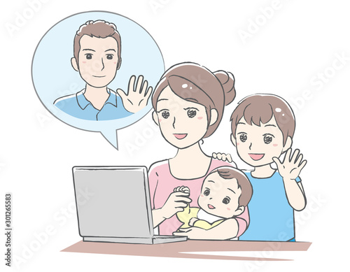 Young mother using Skype with her children. Distant call. Vector illustration.