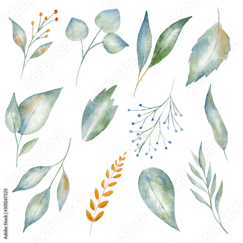 Obraz na płótnie Beautiful green and yellow leaves watercolor raster illustration set w salonie