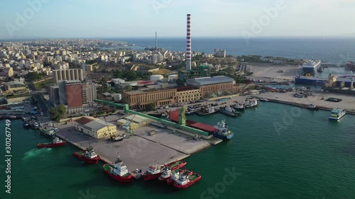 Aerial drone video of industrial seaside zone of Keratsini near commercial port of Piraeus, Attica, Greece photo