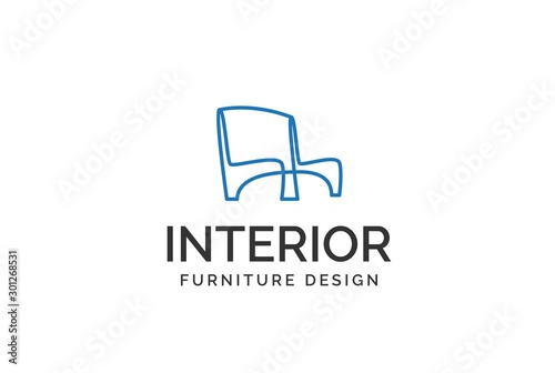 Simple minimalist blue sofa furniture interior logo design flat vector graphics