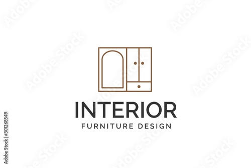 Simple minimalist line art cabinet furniture interior logo design with flat vector graphics