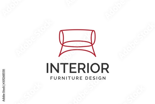 Simple minimalist red sofa furniture interior logo design with flat vector graphics