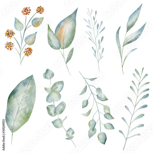Obraz na płótnie Green leaves and flowers watercolor raster illustration set w salonie