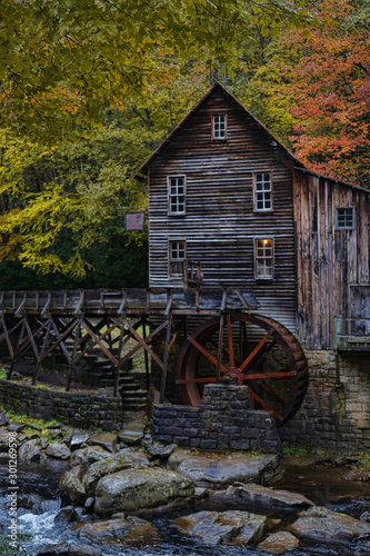 Beautiful Glade Creek Grist Mill located in Babcock State Park in West Virginia. Fall landscape.