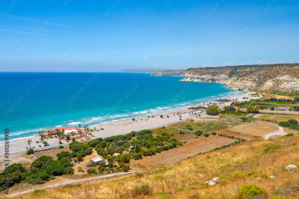 Limassol. Republic of Cyprus. Pathos. The Kourion beach top drone view. The Kourion seaside. Zapallo bay. Episkopi bay. Mediterranean rocky coast. Natural landscapes of Cyprus. Landmarks Limassol.