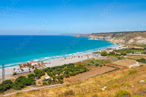 Limassol. Republic of Cyprus. Pathos. The Kourion beach top drone view. The Kourion seaside. Zapallo bay. Episkopi bay. Mediterranean rocky coast. Natural landscapes of Cyprus. Landmarks Limassol. © Grispb