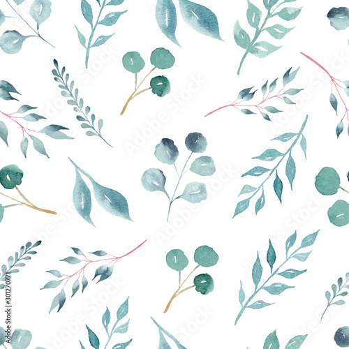 Obraz na płótnie Green foliage on branches watercolor raster seamless pattern w salonie