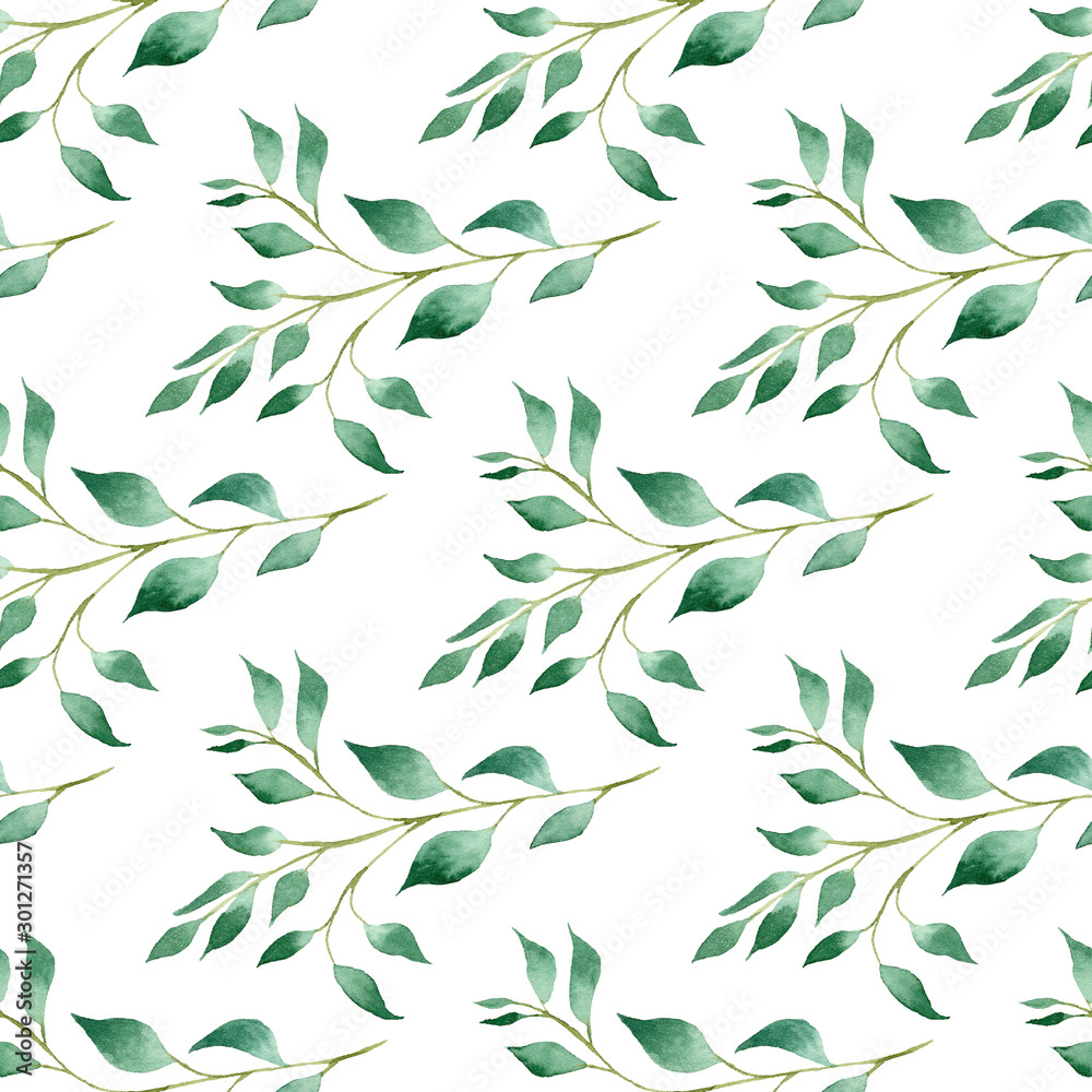 Fototapeta premium Green tree branches watercolor hand drawn raster seamless pattern