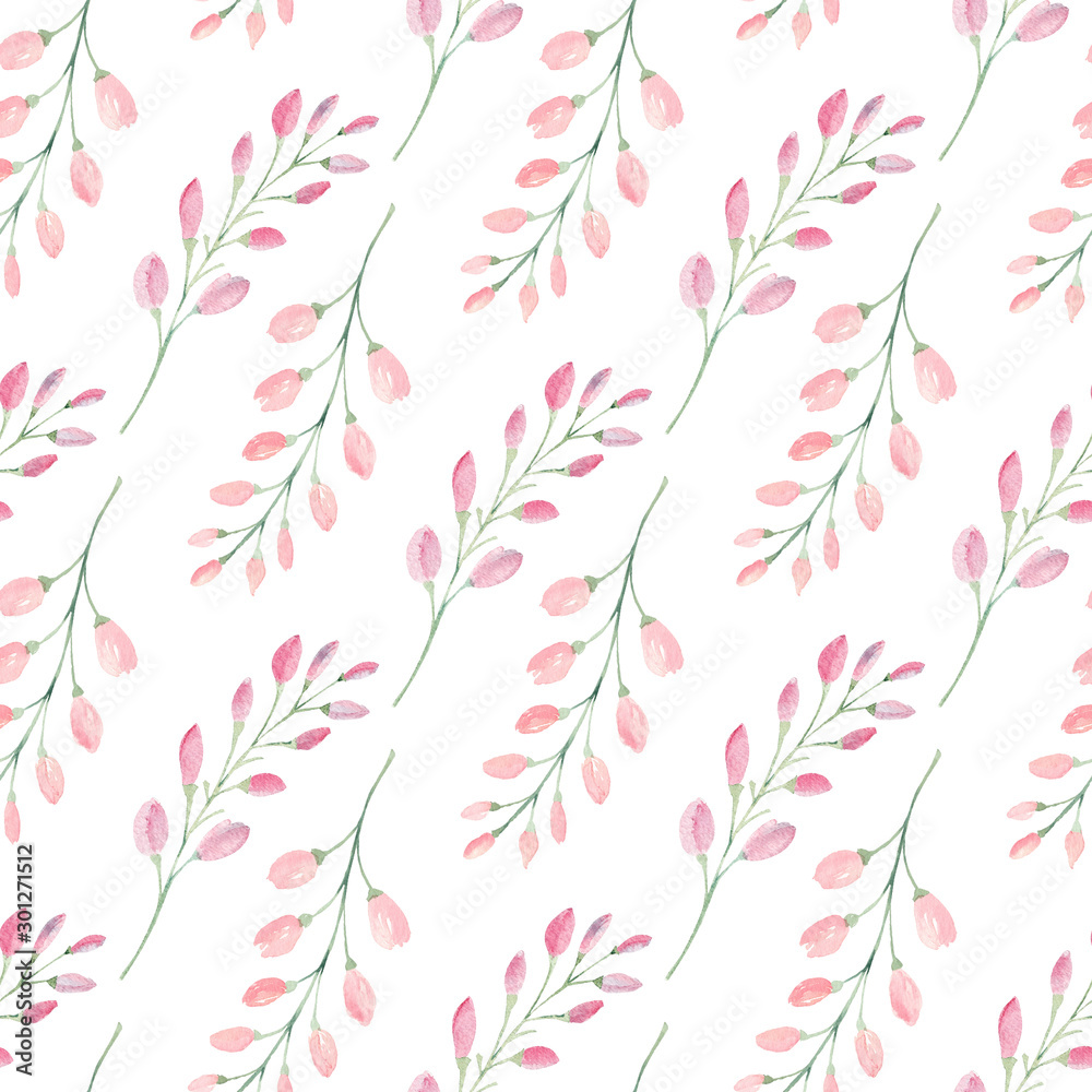 Branches with flower buds watercolor raster seamless pattern