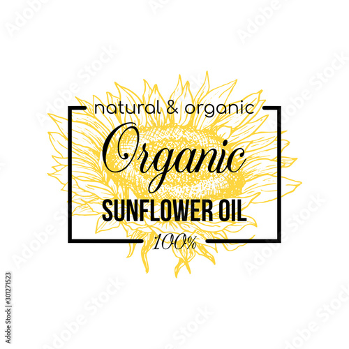 Natural sunflower oil vector logo template. Yellow flower sketch in black rectangle frame hand drawn illustration. Bio product packaging label design. Homemade eco cooking oil logotype layout