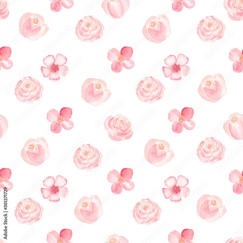 Naklejka premium Blooming flowers watercolor hand drawn raster seamless pattern