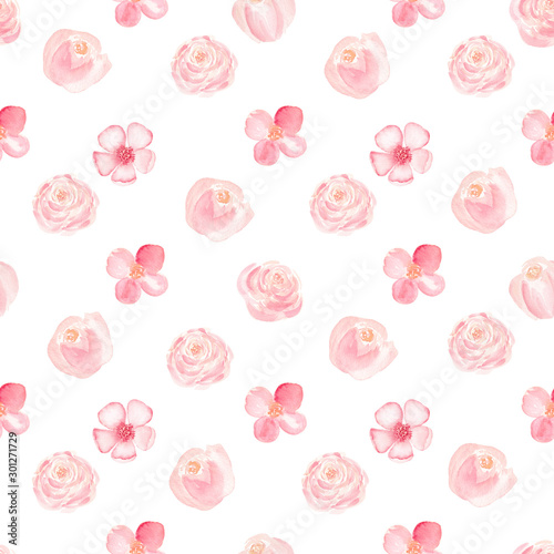 Blooming flowers watercolor hand drawn raster seamless pattern