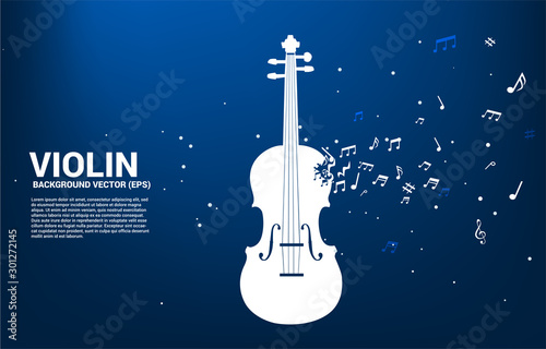 Vector violin with music melody note dancing flow. Concept background for song and concert theme.