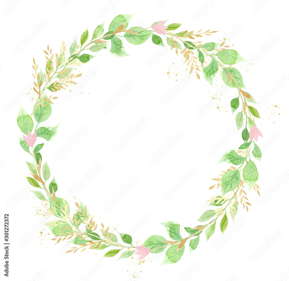 Circlet of leaves and flowers hand drawn watercolor raster frame Circlet of leaves and flowers hand drawn watercolor raster frame