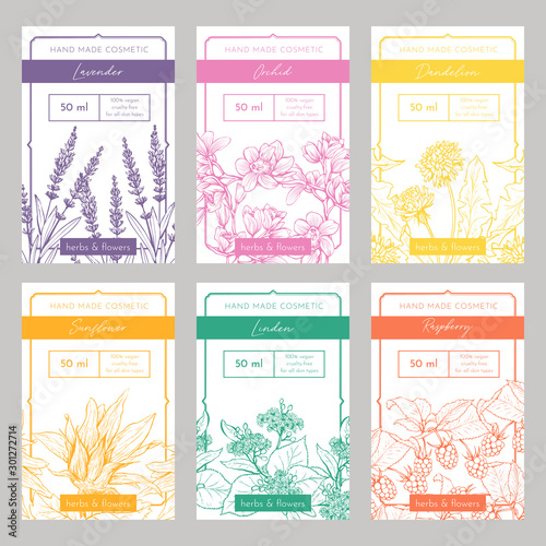 Hand made cosmetics hand drawn vector packaging templates set. Natural beauty product branding, identity design. Eco skincare with herbs organic ingredients. Wildflowers with typography
