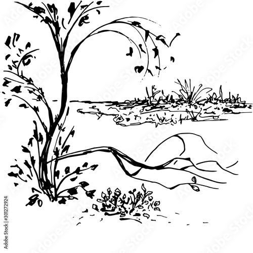 Nature landscape black ink vector hand drawn illustration. Traditional oriental scenery with tree. Botanical paint drawing in Japanese style. Tranquil scene, peaceful nature composition