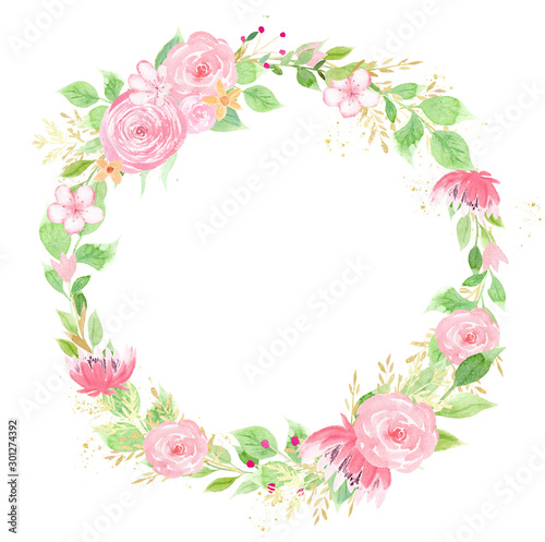 Pink flower wreath watercolor hand drawn raster frame