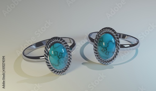 3D Model Sillver rings with Turquoise blue stone