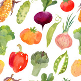 Seamless pattern with fresh watercolor vegetables. Cucumber, beet, pumpkin, broccoli, artichoke, pepper, tomato, peas, squash, potato, corn, onion