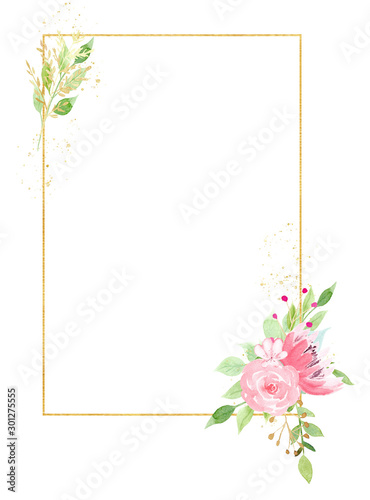 Golden frame with beautiful flowers watercolor hand drawn raster illustration