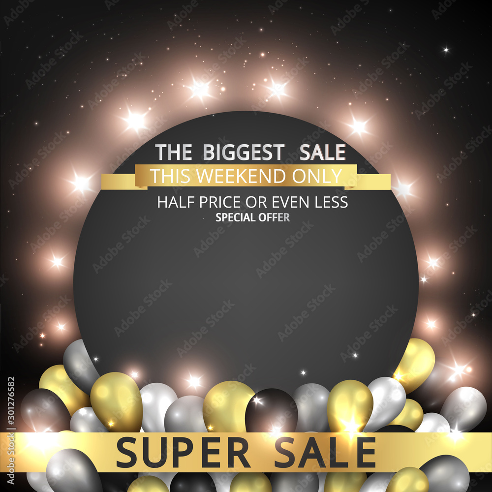 Naklejka premium Round empty frame with realistic elegant balloons with tinsel and bokeh decoration