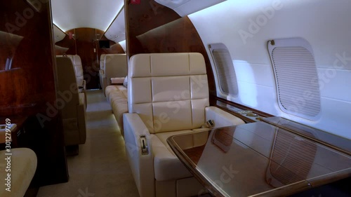 Modern private business jet leather seats and interior