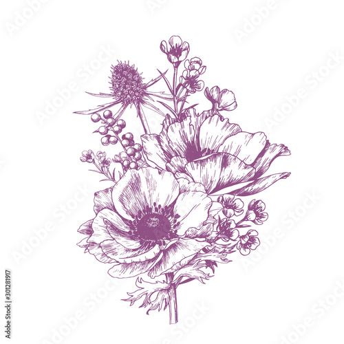 Elegant flower arrangement with anemone. Vector hand drawn floral design element.