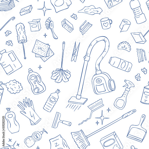 Vector cute cleaning hand drawn doodle elements pattern. Vacuum cleaner, cleaning cloth, detergent, gloves background for packaging, banners or flyers