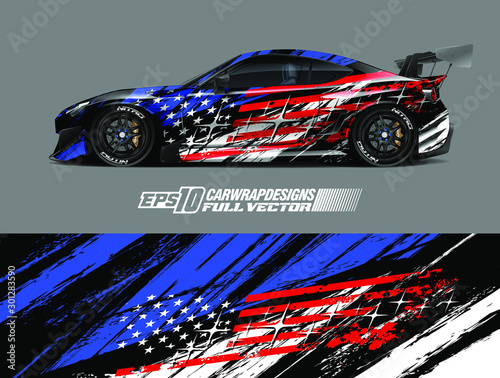 Car wrap decal designs. Abstract american flag and sport background for racing livery or daily use car vinyl sticker. Full vector eps 10.