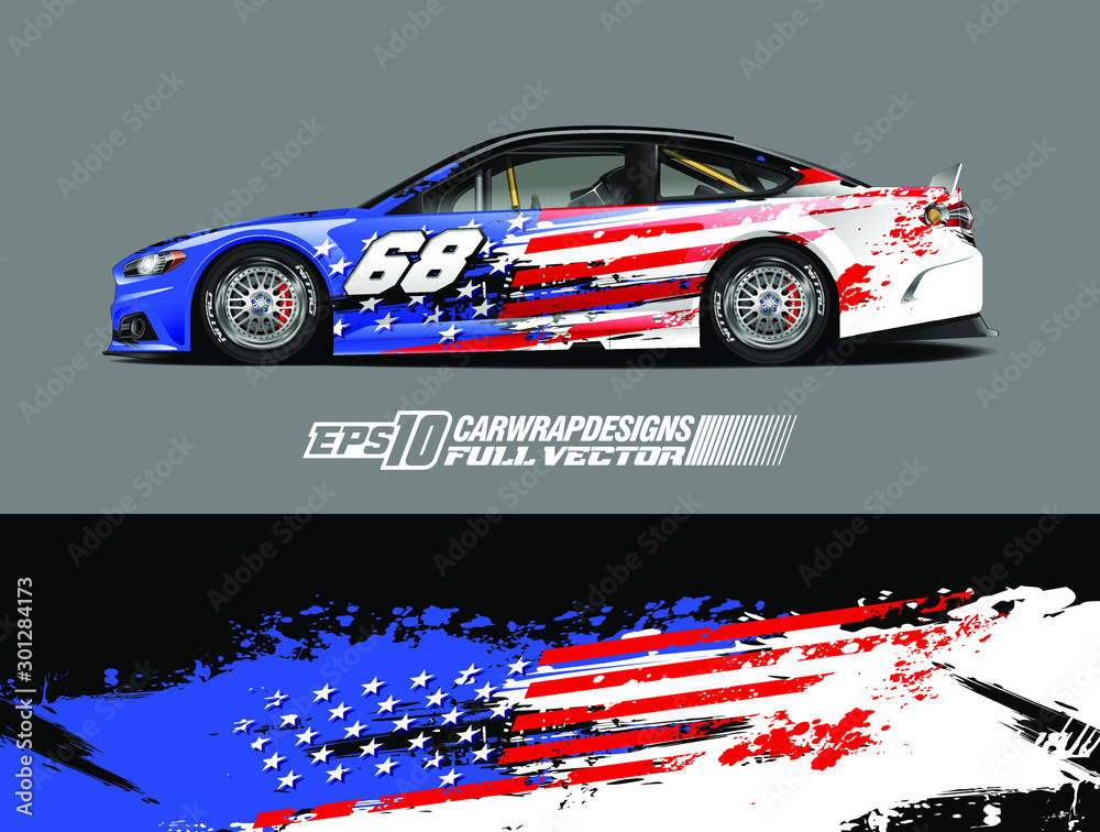 Car wrap decal designs. Abstract american flag and sport background for