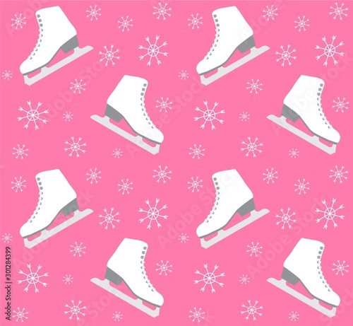 ector seamless pattern of flat cartoon ice skates and snow flakes isolated on pink  background 