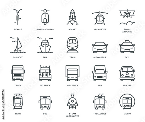 UNIVERSAL TRANSPORT ICONS, FRONT VIEW,  Monoline concept The icons were created on a 48x48 pixel aligned, perfect grid providing a clean and crisp appearance. Adjustable stroke weight. 
