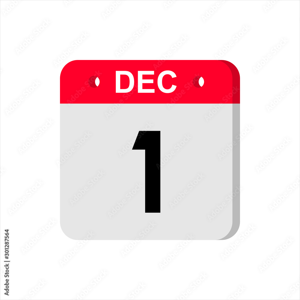 December 1 - Calendar Icon. Calendar Icon with shadow. Flat style. Date, day and month. Reminder. Vector illustration. Organizer application, app symbol. Ui. User interface sign. December 1 - Calendar Icon. Calendar Icon with shadow. Flat style. Date, day and month. Reminder. Vector illustration. Organizer application, app symbol. Ui. User interface sign.