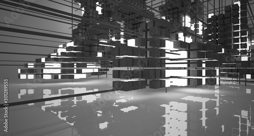 Abstract architectural white interior  from an array of concrete cubes  with neon lighting. 3D illustration and rendering.