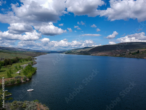 Terrific aerial pictures of magnificent Bridgeport State Park the Columbia River and its outer banks with dramatic skies and clouds in Okanogan County Washington State