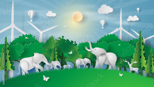 Animal wildlife in green park.Creative Paper cut and craft style.Elephants and deer in forest.Graphic Eco environment day concept for poster.Design origami element ecology friendly vector illustration