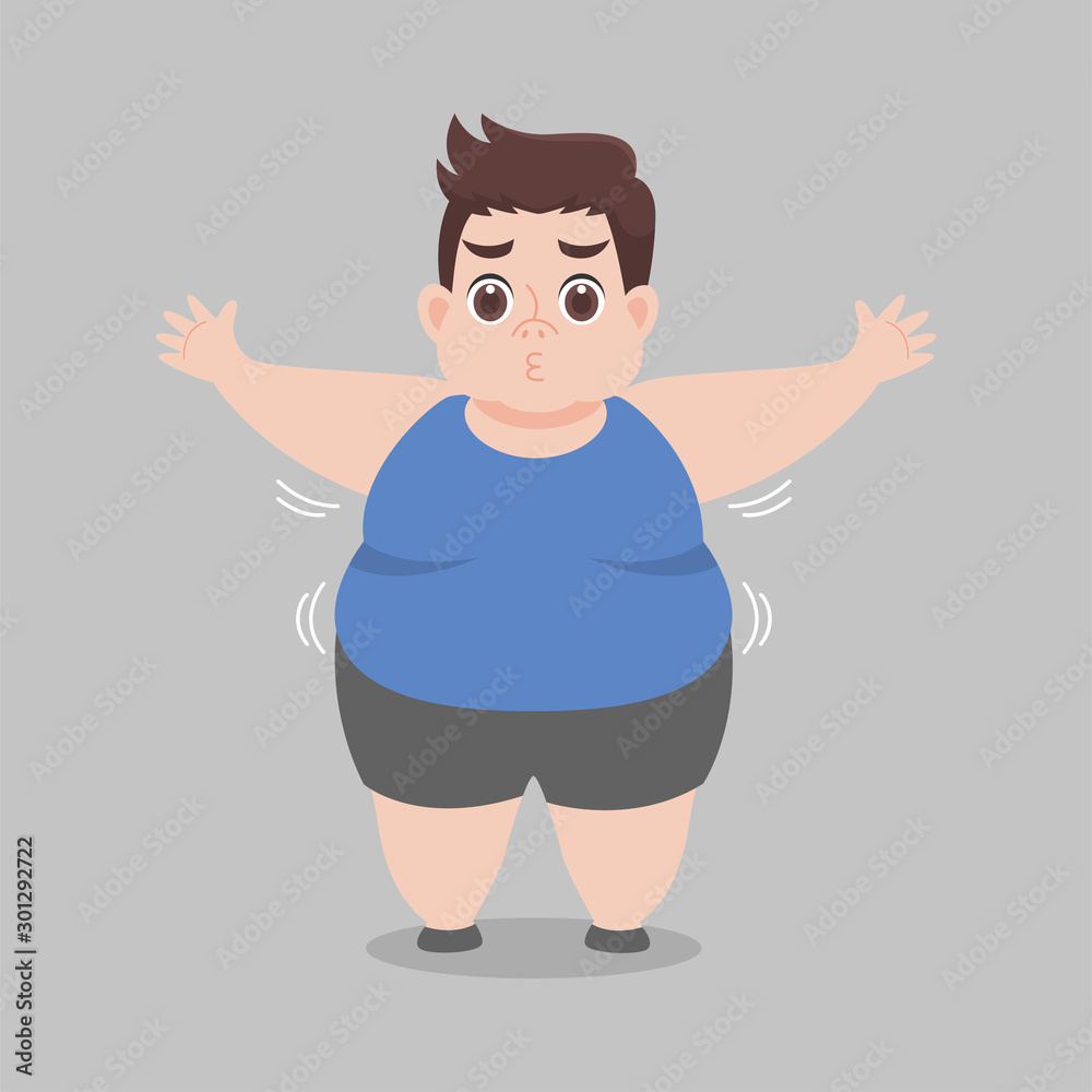 Big Fat Man worry about her body looks over weight, sad, afraid, unhappy, big size, diet unhealthy cartoon, lose weight, Lifestyle healthy Healthcare concept cartoon character flat vector design.