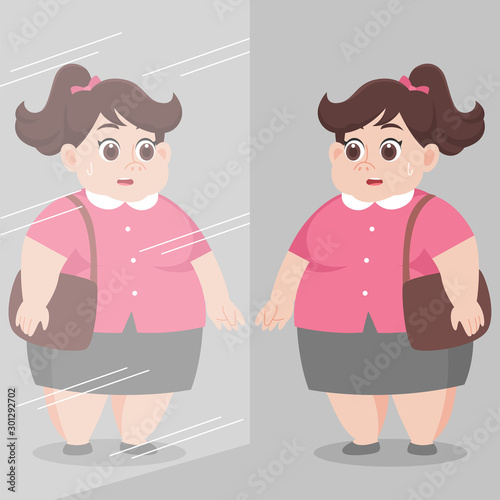 Big Fat woman looking herself in the mirror and feel worry Healthcare concept cartoon Healthy character flat vector design.