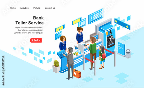 isometric 3D illustration of Bank services by teller to customer, customer queue in teller desk
