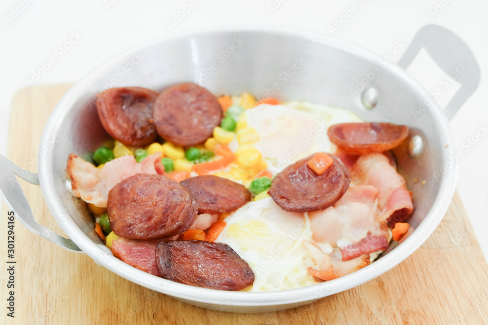 Breakfast with fried eggs in pan