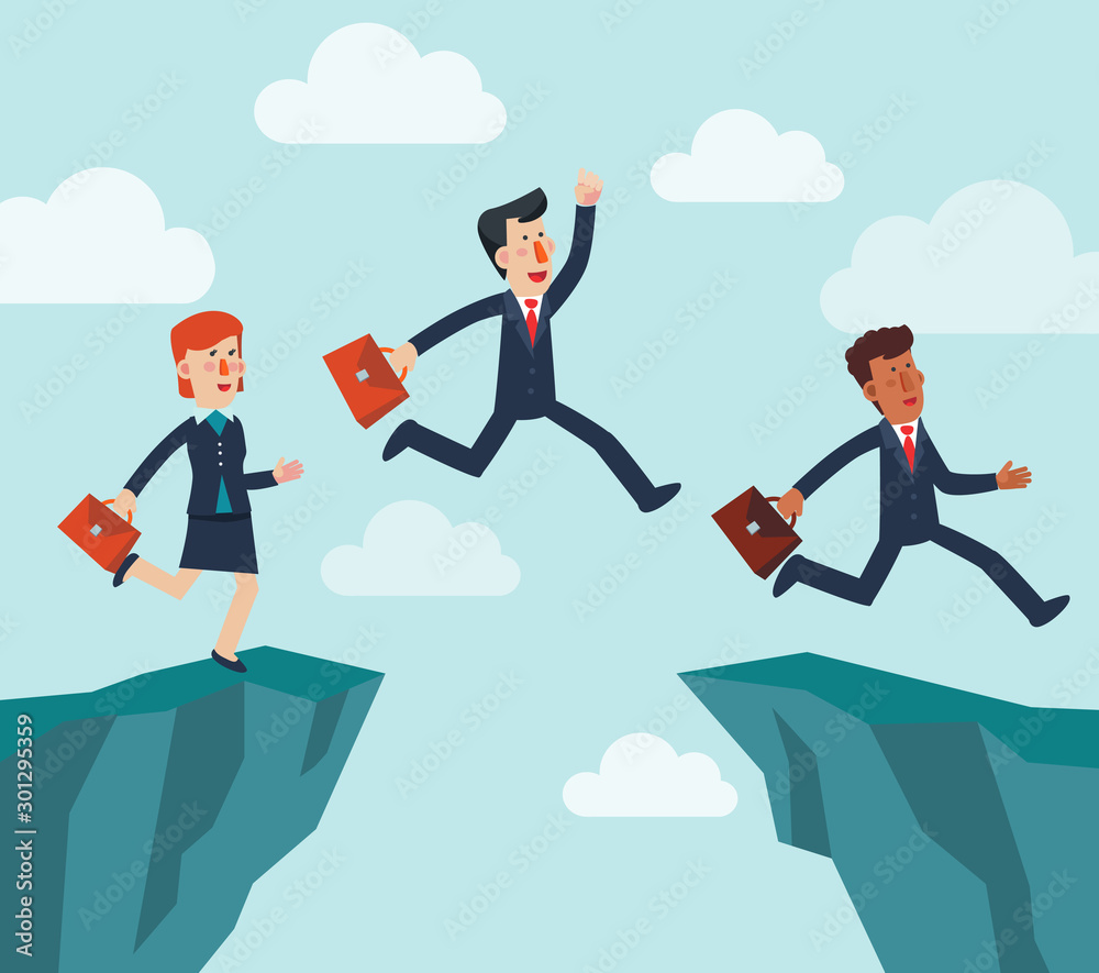 Business people jumping over cliff gap. Concept of business risk and success. Business competition vector illustration Business people jumping over cliff gap. Concept of business risk and success. Business competition vector illustration