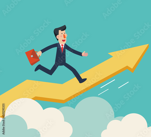 Businessman running up on the growing graph arrow. Business success vector concept