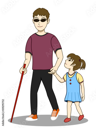 Vector illustration of Blind man and his daughter are walking together. His daughter take care and guide him. Both look happy. It's a lovely family image.