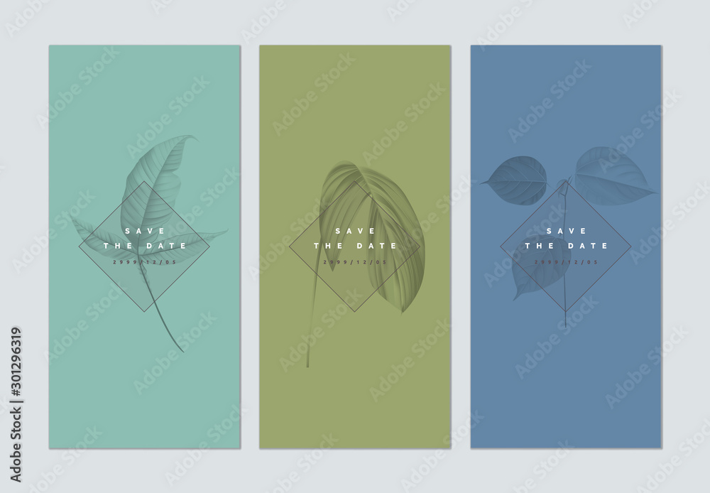 Set of botanical brochure cover template design, leaves in monotone color on cyan, green and blue, vintage style - obrazy, fototapety, plakaty 