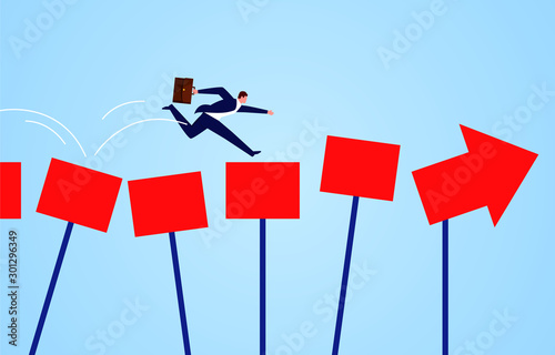 Directional guidance concept, businessman runs along the arrow of guidance