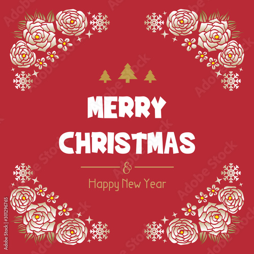 Card design merry christmas and happy new year, with graphic flower frame, isolated on red background. Vector