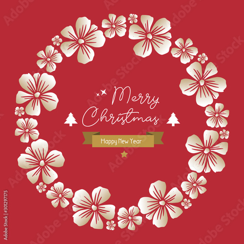 Lettering of card merry christmas and happy new year  with pattern wreath frame blooms. Vector